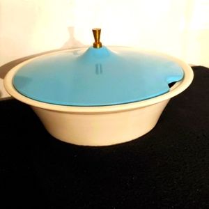 Turquoise Soup Bowl Salem USA Ovenware Tureen Brass Handle Lid No Spoon